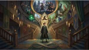 Hogwarts Legacy uitgelichte thumbnail met een magiër en Hogwarts-kasteel als achtergrond voor een artikel over sturing