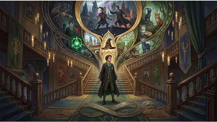 Hogwarts Legacy uitgelichte thumbnail met een magiër en Hogwarts-kasteel als achtergrond voor een artikel over sturing