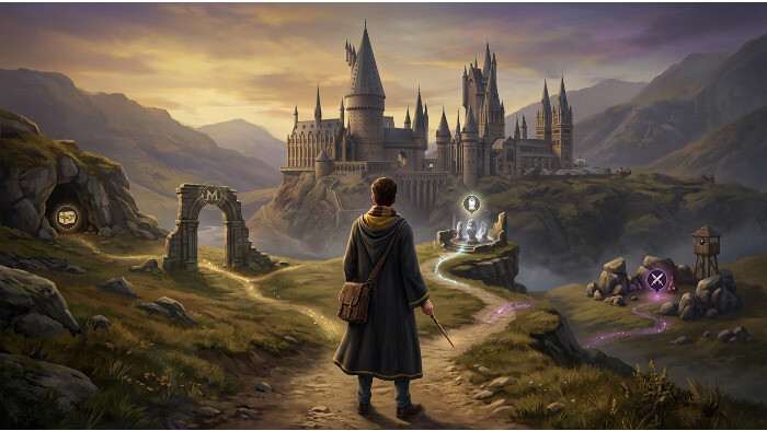 Hogwarts Legacy uitgelichte thumbnail met magische sfeer die het thema van onzichtbare invloed op keuzes verbeeldt