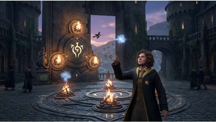 Hogwarts Legacy uitgelichte thumbnail met het kasteel van Hogwarts en magische sfeer, passend bij de vrijheidsparadox