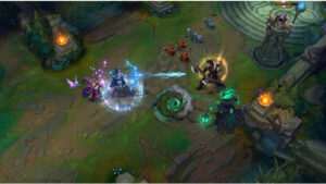 League of Legends thumbnail met neonring en artikeltekst over botlane trading patterns