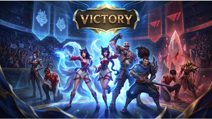 League of Legends thumbnail met esports-speler en MSI 2026 kop over G2 dat T1 uitschakelt en een record breekt
