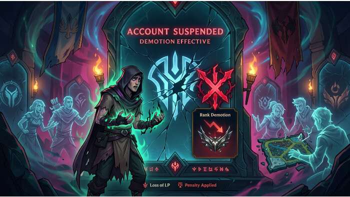 League of Legends thumbnail met Jynxzi-naam, geband en direct gedegradeerd, met rank-embleem op de achtergrond