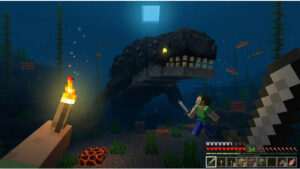 Thumbnail voor Minecraft (Bedrock Edition) met een duistere diepzee-scène die de Bloop-add-on en thalassofobie oproept