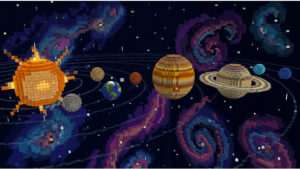 Minecraft thumbnail met een bouwer die het zonnestelsel op schaal nabouwt met blokkerige planeten