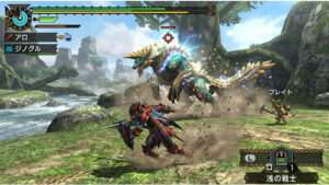 Featured thumbnail voor Monster Hunter Freedom 3 met een jager tegenover een groot monster in een ruige omgeving