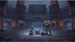 Overwatch 2 thumbnail met hero-portret en koptekst over Blizzard die Stadium schrapt en communityfrustratie