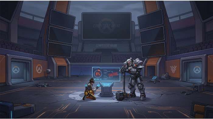 Overwatch 2 thumbnail met hero-portret en koptekst over Blizzard die Stadium schrapt en communityfrustratie