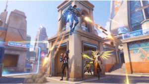 Overwatch featured thumbnail met Pharah die hoog in de lucht zweeft, passend bij het onderwerp oneindige airtime