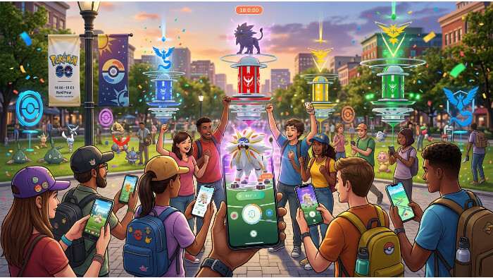 Pokémon GO thumbnail met Solgaleo en raidweek-titel, als featured beeld bij het artikel over de community