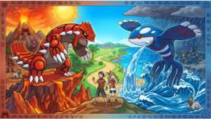 Uitgelichte thumbnail voor Pokemon Ruby/Pokemon Sapphire met een Game Boy Advance-thema en Hoenn-referentie