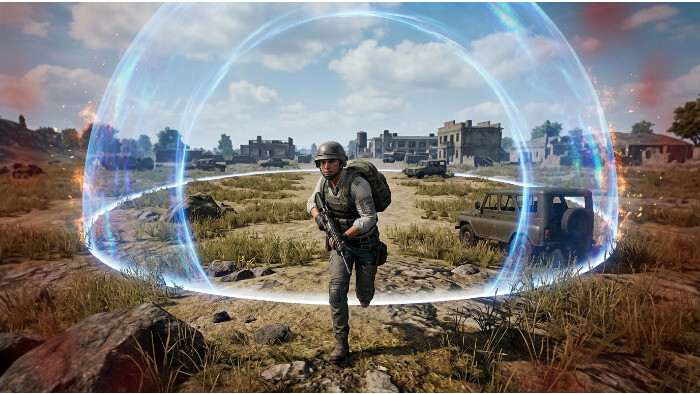 Uitgelichte thumbnail van PUBG: Battlegrounds met een soldaat en een blauwe energiezone die de map sluit