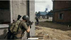 PUBG thumbnail met een soldaat die om een hoek leant om veilig info te peeken zonder damage