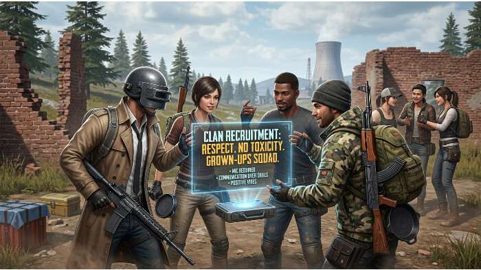 PUBG Mobile uitgelichte thumbnail met soldaat en helm, passend bij clans zonder ego of toxicity