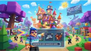 Roblox thumbnail met AI-bouwtools thema, met een blocky avatar en bouwinterface die worldbuilding suggereert