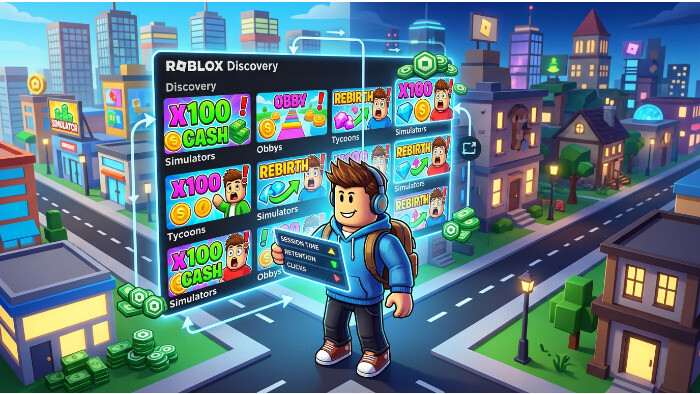 Roblox uitgelichte thumbnail over makers die dezelfde formule volgen door het discovery-algoritme