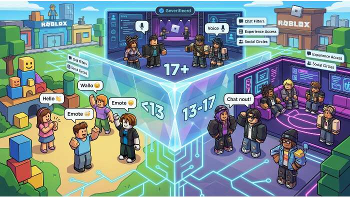 Roblox featured thumbnail over leeftijdszones die de sociale structuur op het platform hertekenen