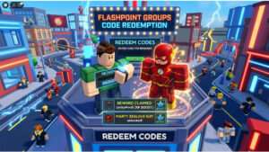 Roblox thumbnail met titel over redeem codes voor gratis suits en XP, met Roblox-achtige personages op de achtergrond