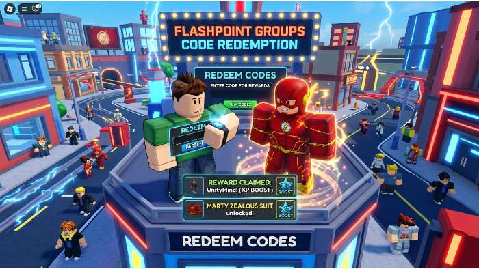 Roblox thumbnail met titel over redeem codes voor gratis suits en XP, met Roblox-achtige personages op de achtergrond