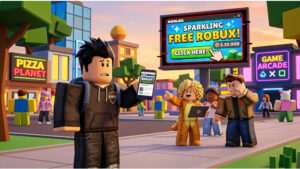 Roblox featured thumbnail over Robux-scams herkennen en vermijden, met waarschuwings- en Robux-symboliek