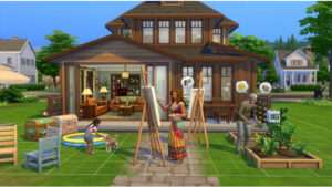 Featured thumbnail voor The Sims 4 op PC met een gestileerde Sims-scène die het eindeloze simulatiegevoel uitbeeldt