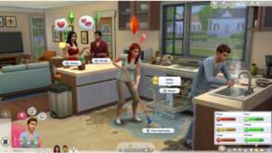 The Sims 4 thumbnail met Sim-personages die dagelijkse routine en drama uitbeelden in een kleurrijke scène