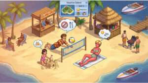 Uitgelichte thumbnail voor The Sims: Vacation met vakantie-thema en Sims-personages voor de originele PC-klassieker