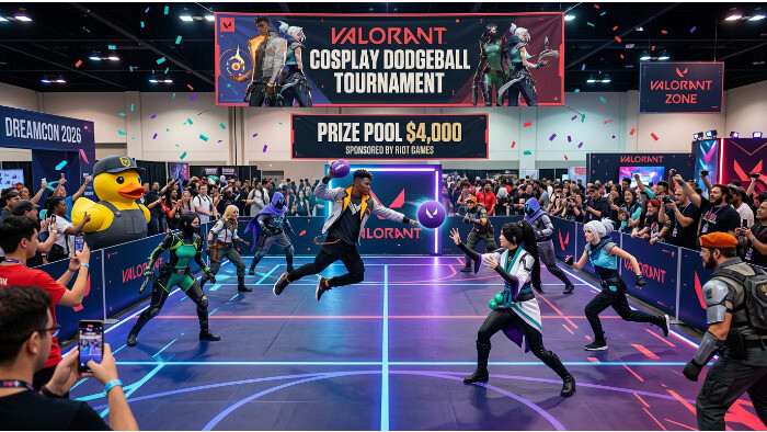 Valorant featured thumbnail over cosplay dodgeball op DreamCon met een prijzenpot van $4.000