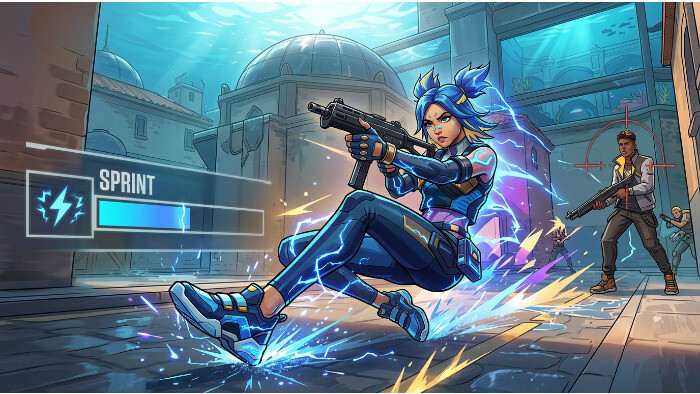 Valorant featured thumbnail met agent Neon die sprint en slide benadrukt in een snelle tac-shooter setting