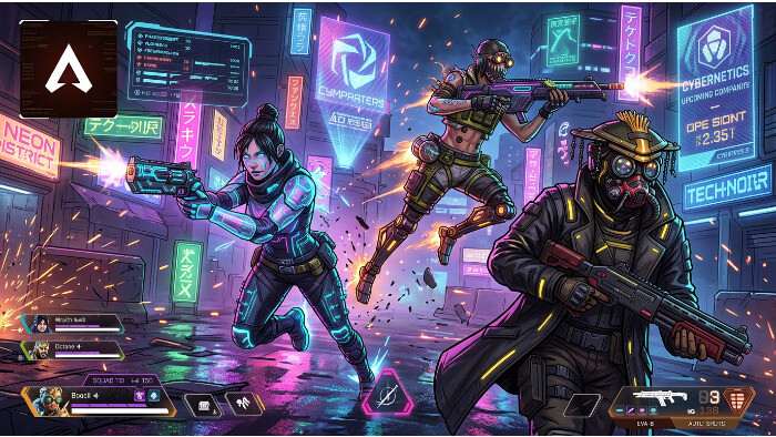 Uitgelichte thumbnail voor Apex Legends x Cyberpunk 2077 crossover met Night City-thema in battle royale stijl