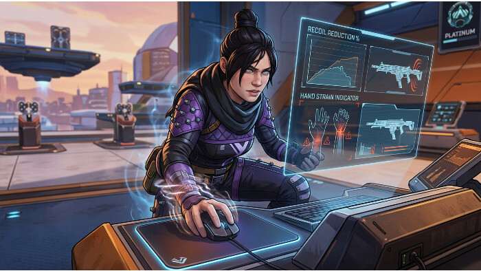 Apex Legends featured thumbnail about jitter aiming, showing a Legend aiming with a weapon in action
