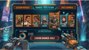 Apex Legends thumbnail met squad Legends en tekst over Legend Bans in Ranked en #1 op Steam