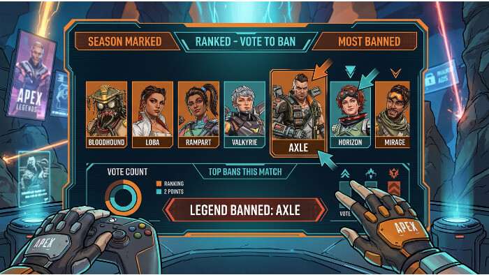 Apex Legends thumbnail met squad Legends en tekst over Legend Bans in Ranked en #1 op Steam
