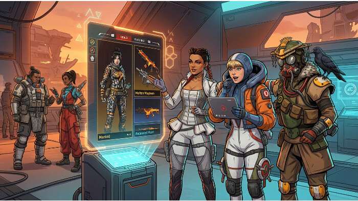 Apex Legends thumbnail over Season 30 store-rotatie met creators die nieuwe skins in de winkel bekijken