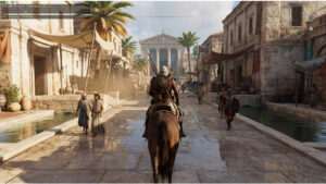 Vierkante thumbnail voor Assassin's Creed Origins met 8K ray tracing-thema en een Egyptische setting op de achtergrond