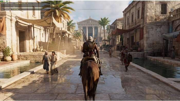 Vierkante thumbnail voor Assassin's Creed Origins met 8K ray tracing-thema en een Egyptische setting op de achtergrond