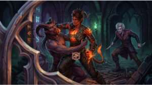 Baldur's Gate 3 thumbnail met Larian-logo en YouTube- en TikTok-iconen rond een contentban