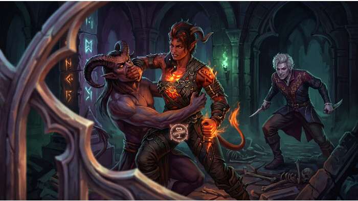 Baldur's Gate 3 thumbnail met Larian-logo en YouTube- en TikTok-iconen rond een contentban