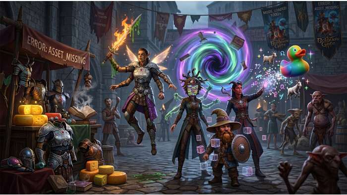 Uitgelichte thumbnail voor Baldur's Gate 3 met de titel over Slimecicle die alle mods tegelijk inschakelt