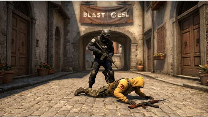CS:GO artikelthumbnail met een Counter-Strike: Global Offensive soldaat, over Valve die matchfixers levenslang bant