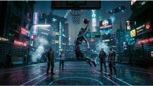 Cyberpunk 2077 featured thumbnail over een basketbalshot die verandert met je Reflexes-stat