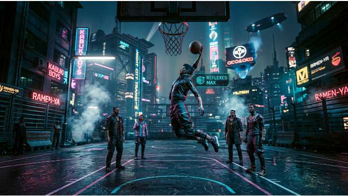 Cyberpunk 2077 featured thumbnail over een basketbalshot die verandert met je Reflexes-stat