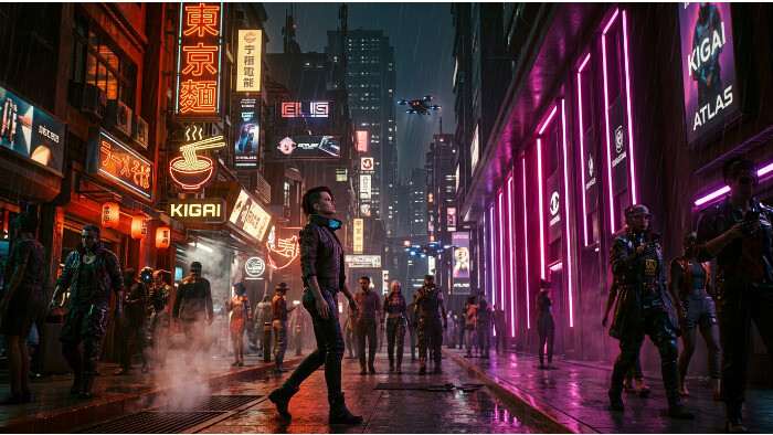 Cyberpunk 2077 thumbnail met neonverlichte Night City-straat die de weg suggereert via licht en geluid