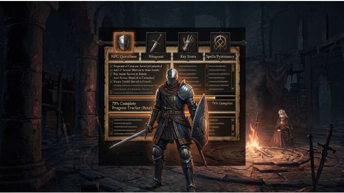 Dark Souls III thumbnail met een duistere ridder en verwijzing naar een 100% hub voor completionists