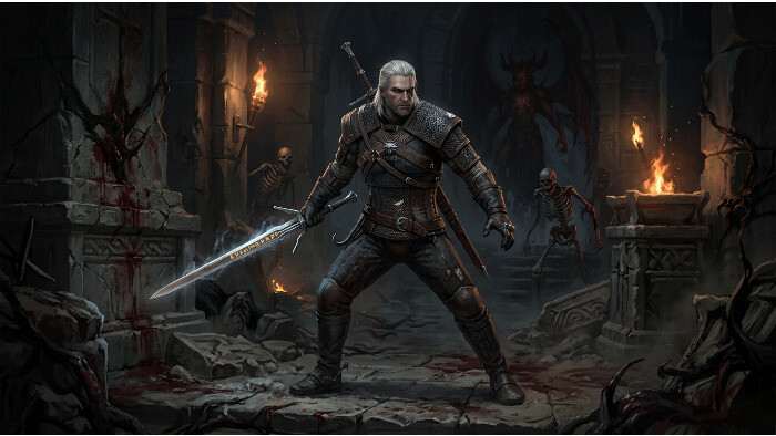Diablo IV featured thumbnail over Geralt van Rivia en The Witcher crossover in donkere fantasy stijl