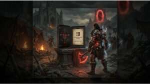 Uitgelichte thumbnail met Diablo IV-logo en een Nintendo Switch 2-console, verwijzend naar een gelekte release in september