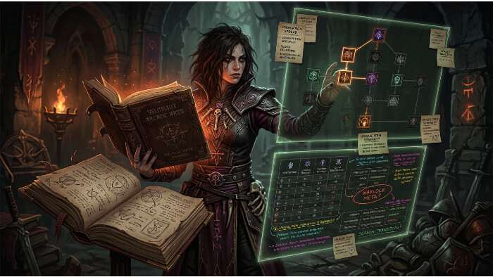 Diablo IV thumbnail met een duistere Warlock-achtige magiebr als verwijzing naar de volgende meta-king