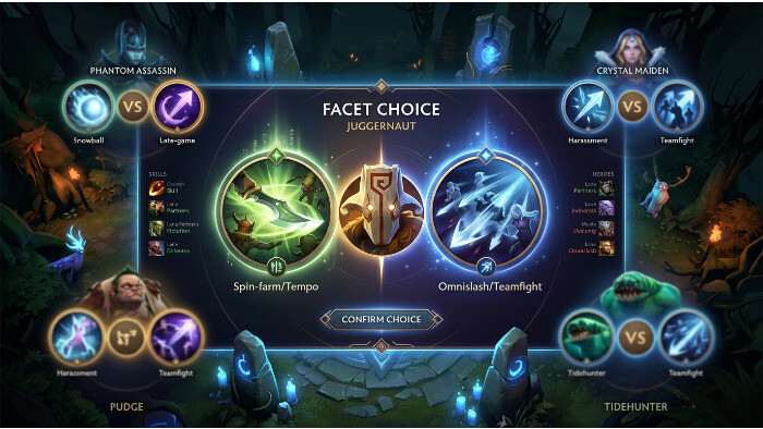 Dota 2 featured thumbnail over Facets kiezen per hero, met nadruk op draft en rolkeuze