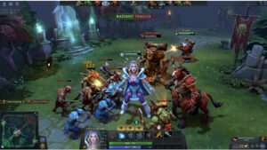 Dota 2 thumbnail met Herald-rang thema over teamwork-memes die snel populair worden op YouTube