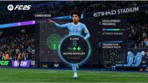 Vierkante thumbnail voor EA Sports FC 25 Career Mode over training en rollen, met titeltekst op een donkere achtergrond